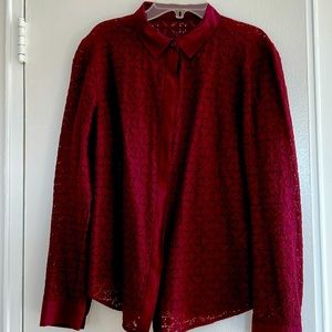 Cotton blend lace dark cherry red collard long- sleeved blouse button down shirt